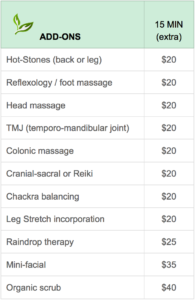 massage add-ons rates